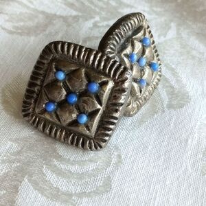 Vintage heavy square quilt style with powder blue cabochon clip on earrings